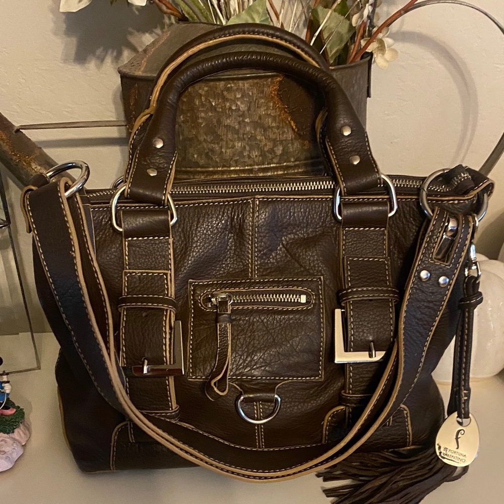 Fortuna Valentino Pebble Leather Espresso Brown purse w/ convertible strap